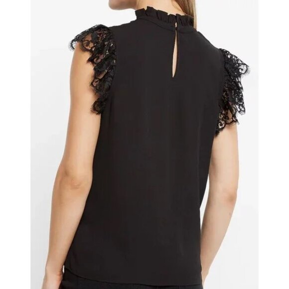 Express Feminine Victorian Ruffle Mock Neck Lace Cap Sleeve Blouse Black S NWT - Picture 7 of 13
